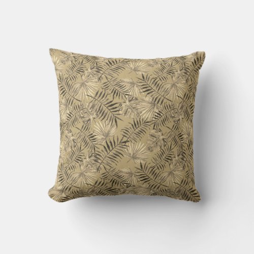 Tropical Palm Tree Leaves Pattern Gold Throw Pillow
