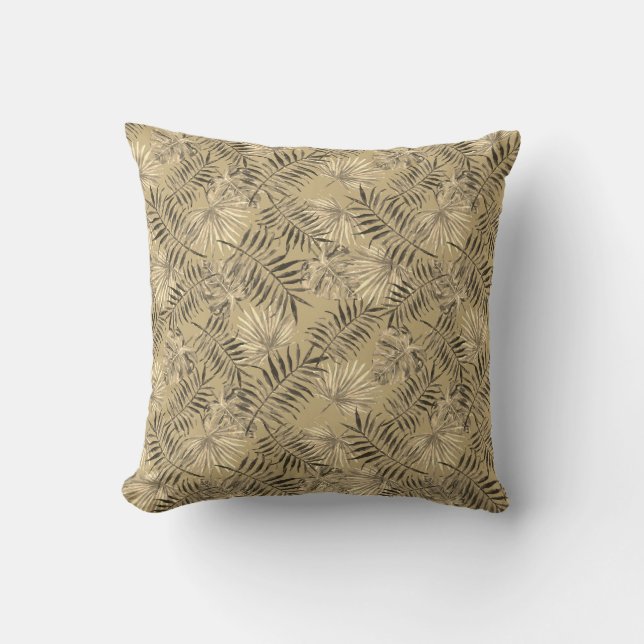 Tropical Palm Tree Leaves Pattern Gold Throw Pillow (Front)