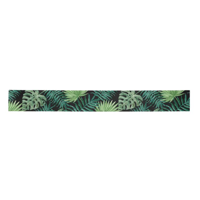 Tropical Palm Tree Leaves Pattern Green black Satin Ribbon (Front)