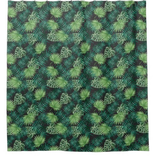 Tropical Palm Tree Leaves Pattern Green Black Shower Curtain