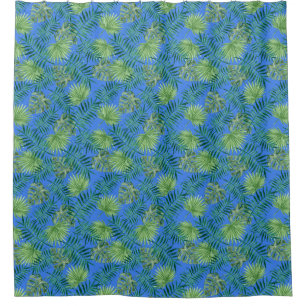 Tropical Palm Tree Leaves Pattern Green Blue Shower Curtain