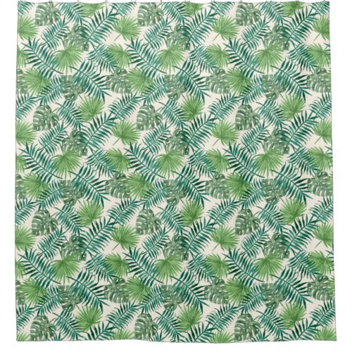 Tropical Palm Tree Leaves Pattern Green Cream Shower Curtain