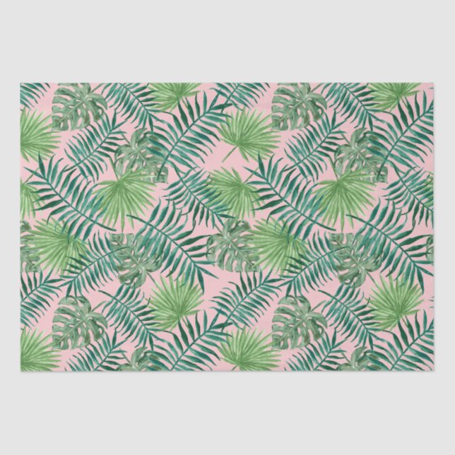 Tropical Palm Tree Leaves Pattern Green Pink Tissue Paper (Front)