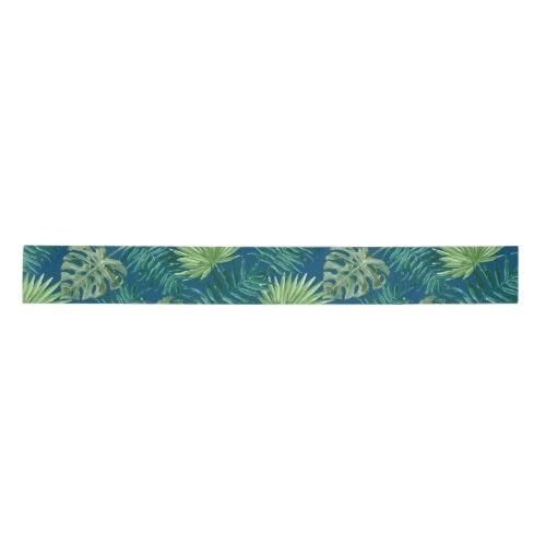Tropical Palm Tree Leaves Pattern Green teal blue Satin Ribbon