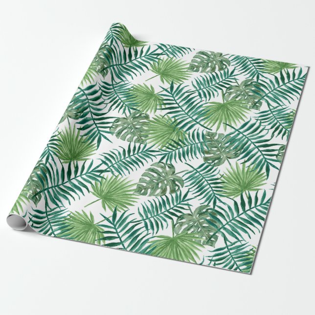 Tropical Palm Tree Leaves Pattern Green Wrapping Paper (Unrolled)
