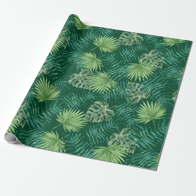 Tropical Palm Tree Leaves Pattern Green Wrapping Paper (Unrolled)