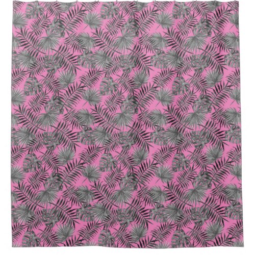 Tropical Palm Tree Leaves Pattern Pink Silver Shower Curtain