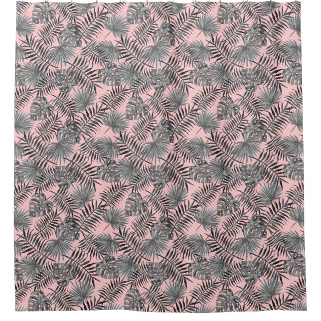 Tropical Palm Tree Leaves Pattern Pink Silver Shower Curtain (Front)