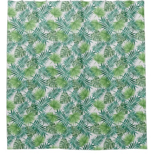 Tropical Palm Tree Leaves Pattern Silver Green Shower Curtain