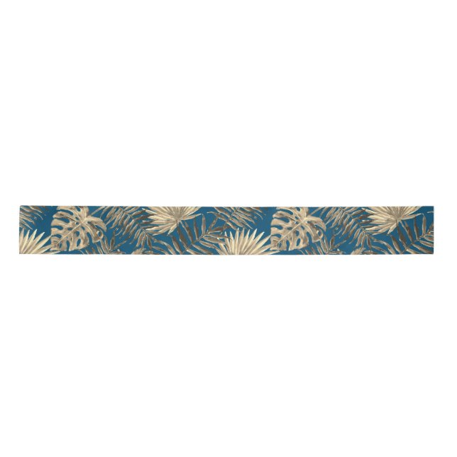 Tropical Palm Tree Leaves Pattern Teal Blue Gold Satin Ribbon (Front)