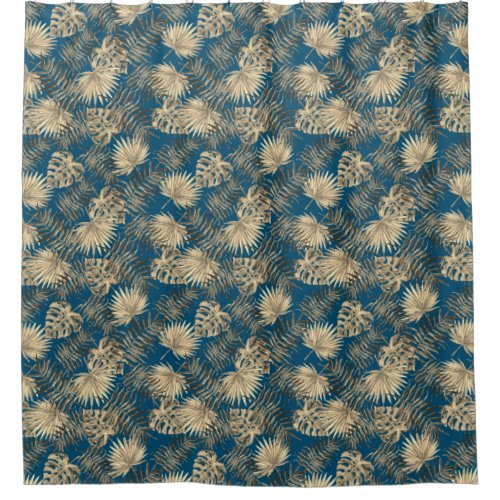 Tropical Palm Tree Leaves Pattern Teal Blue Gold Shower Curtain