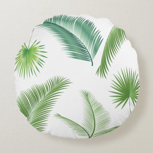 Tropical Palm Tree Leaves Pattern Watercolor Trend Round Pillow