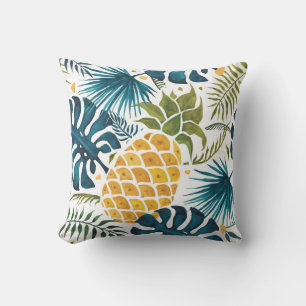 Tropical palm tree leaves pineapple green white throw pillow