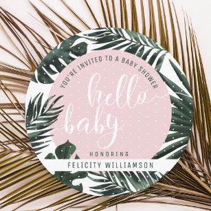 Tropical Palm Tree Leaves & Pink Girl Baby Shower Invitation