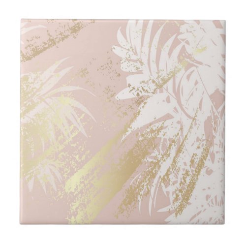 Tropical palm tree leaves pink gold ceramic tile