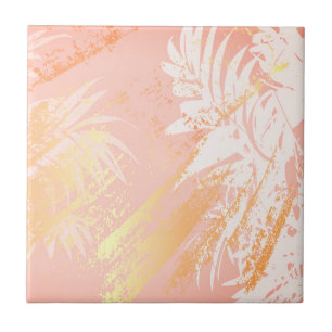 Tropical palm tree leaves rose gold pink rustic ceramic tile
