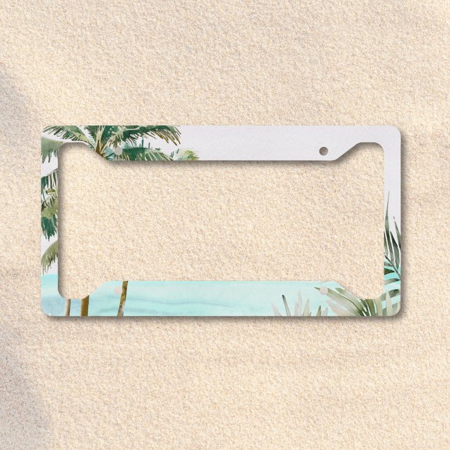 Tropical Palm Tree Leaves Summer Blue Beach License Plate Frame (In situ)