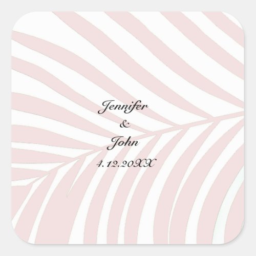 Tropical Palm Tree Leaves Wedding Names Peach Pink Square Sticker