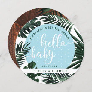 Tropical Palm Tree Leaves & Wood Boy Baby Shower Invitation