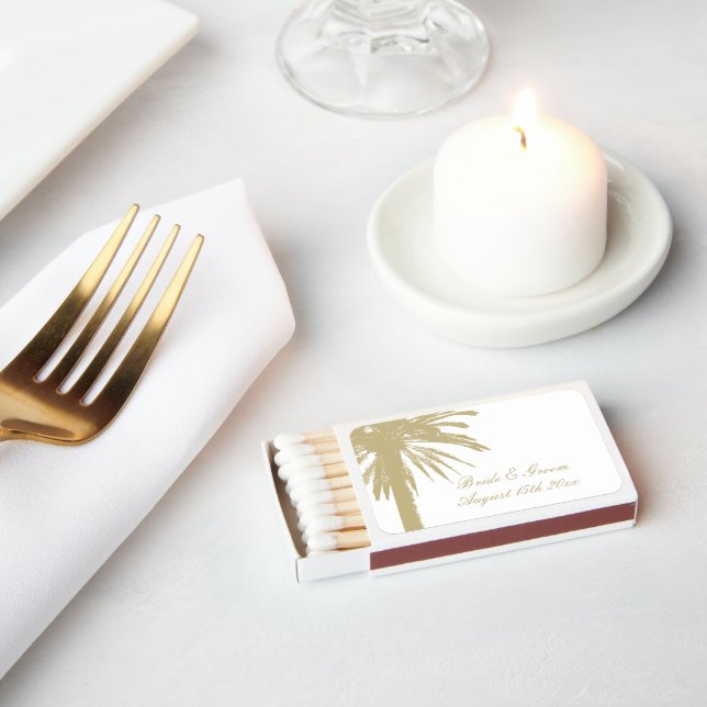 Tropical palm tree logo beach wedding matchboxes (Insitu)