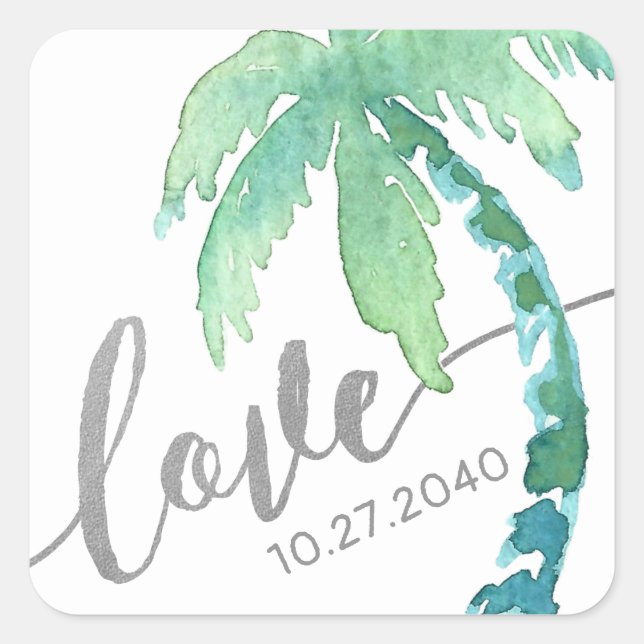 Tropical Palm Tree Love Green Silver Square Sticker (Front)
