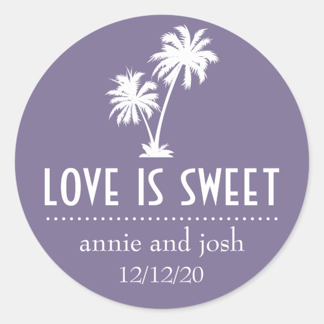 Tropical Palm Tree Love Is Sweet Label (Eggplant) (Front)