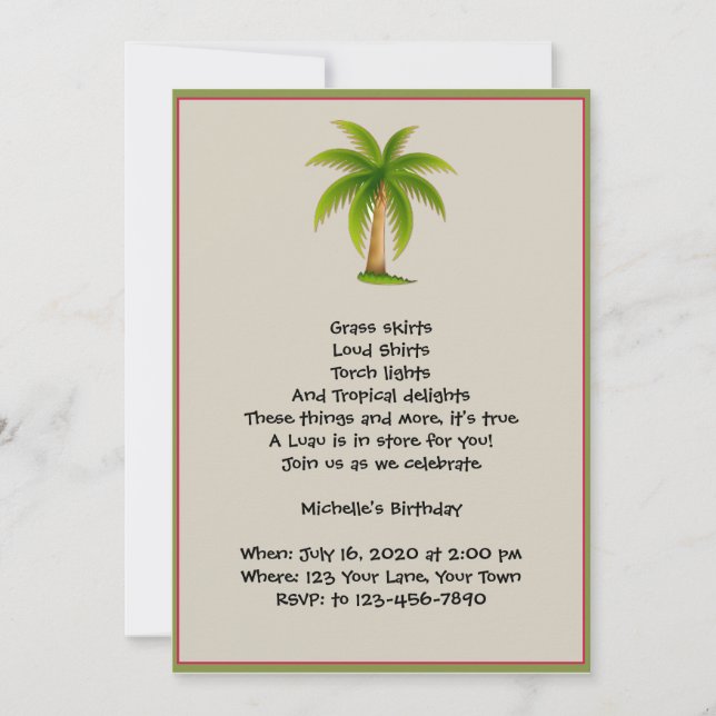 Tropical Palm Tree Luau Party Invitation (Front)