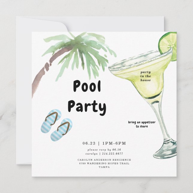 Tropical Palm Tree Margarita White Pool Party Invitation (Front)