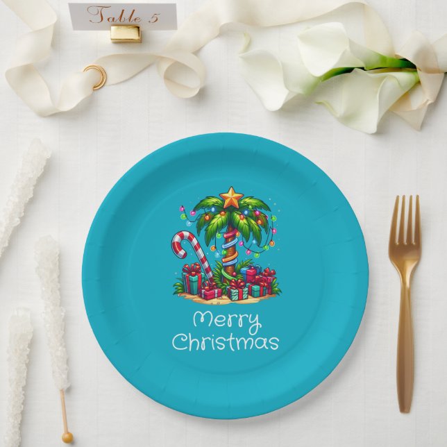 Tropical Palm Tree Merry Christmas Paper Plates (Wedding)