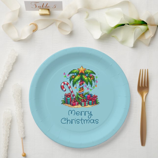 Tropical Palm Tree Merry Christmas Paper Plates (Wedding)