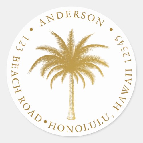 Tropical Palm Tree Modern Gold Return Address Classic Round Sticker