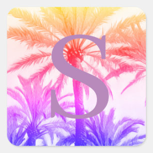 Tropical Palm Tree Monogram – Retro Neon Square Sticker
