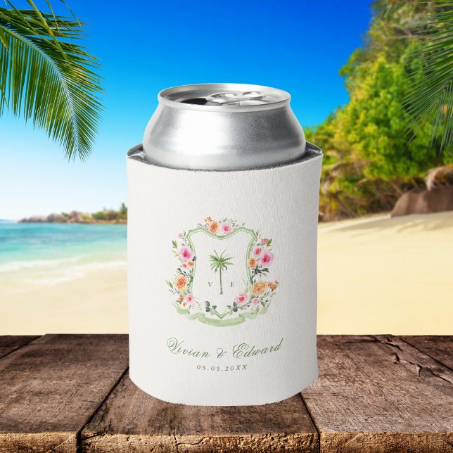 Tropical Palm Tree Monogram Summer Wedding Favor Can Cooler (Creator Uploaded)