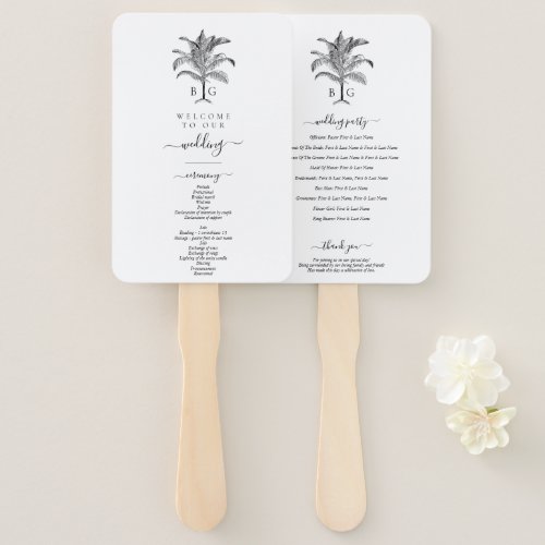 Tropical Palm Tree Monogram Wedding Program Hand Fan