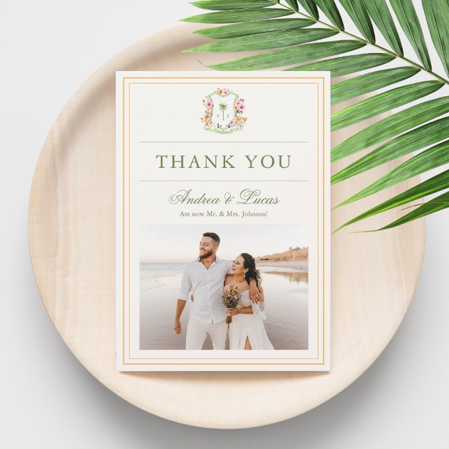 Tropical Palm Tree Monogram Wedding Thank You Card (Creator Uploaded)