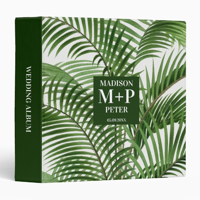 Tropical Palm Tree Monogrammed Wedding Album 3 Ring Binder (Front/Spine)