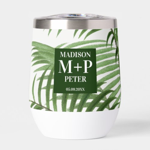 Tropical Palm Tree Monogrammed Wedding Gift Thermal Wine Tumbler