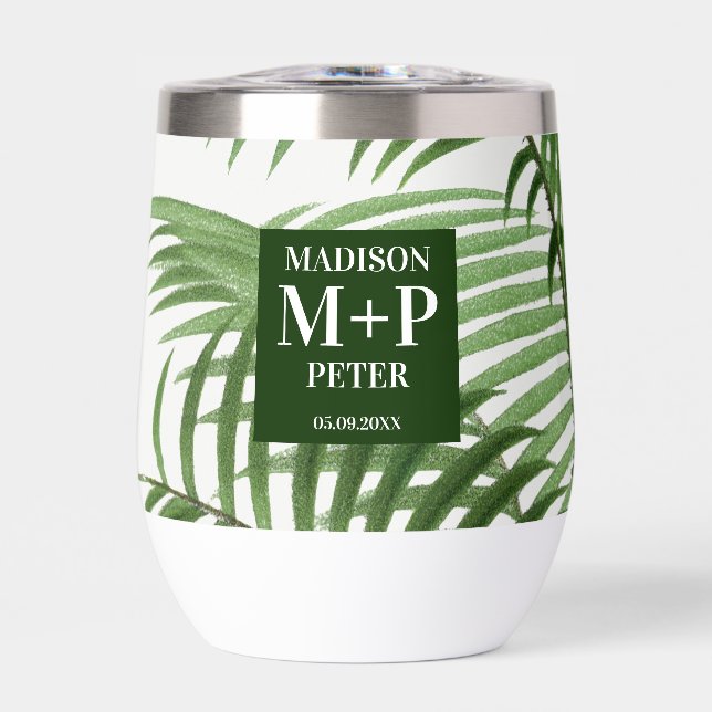 Tropical Palm Tree Monogrammed Wedding Gift Thermal Wine Tumbler (Front)