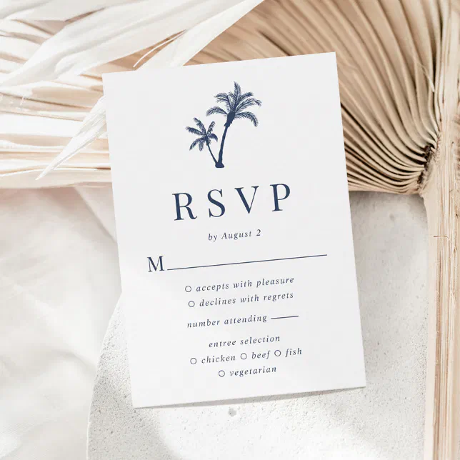 Tropical Palm Tree Navy Blue Beach Wedding RSVP Card | Zazzle