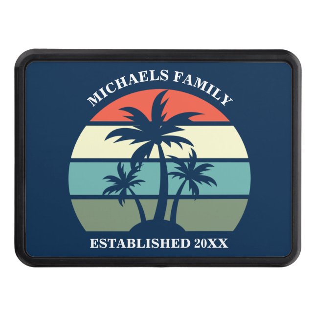 Tropical Palm Tree Navy Blue Sunset Beach Hitch Cover (Front)