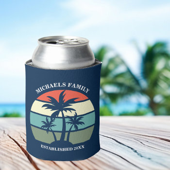 Tropical Palm Tree Navy Blue Sunset Beach House Can Cooler by epicdesigns at Zazzle