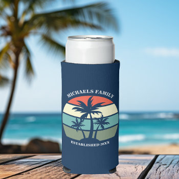 Tropical Palm Tree Navy Blue Sunset Beach House Seltzer Can Cooler by epicdesigns at Zazzle
