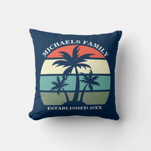 Tropical Palm Tree Navy Blue Sunset Beach House Throw Pillow