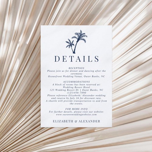 Tropical Palm Tree Navy Blue Wedding Details Enclosure Card