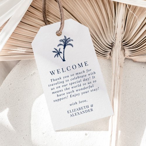 Tropical Palm Tree Navy Blue Wedding Welcome Gift Tags
