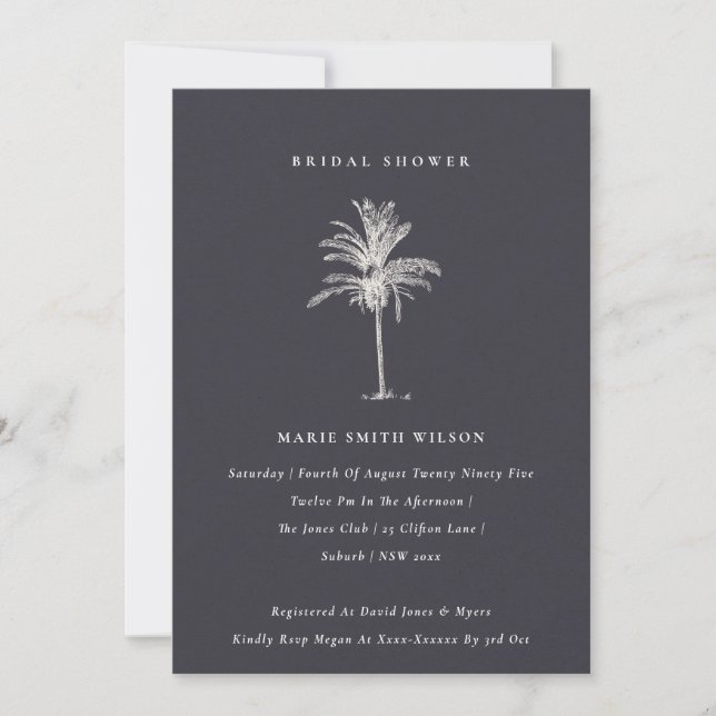 Tropical Palm Tree Navy Kraft Bridal Shower Invite (Front)