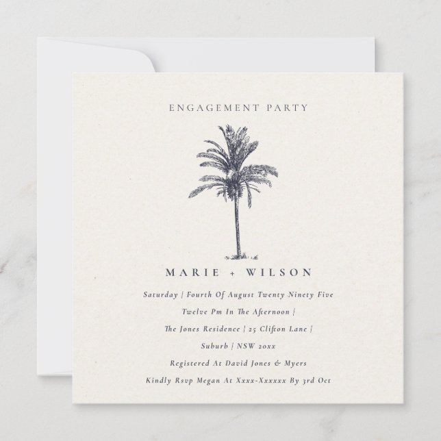 Tropical Palm Tree Navy Kraft Engagement Invite (Front)