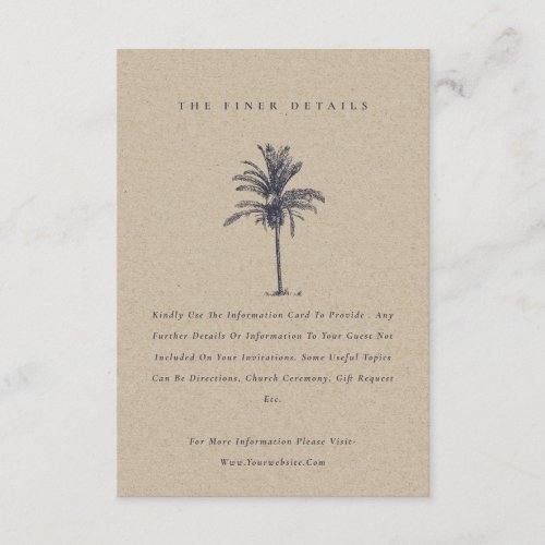 Tropical Palm Tree Navy Kraft Wedding Details Enclosure Card