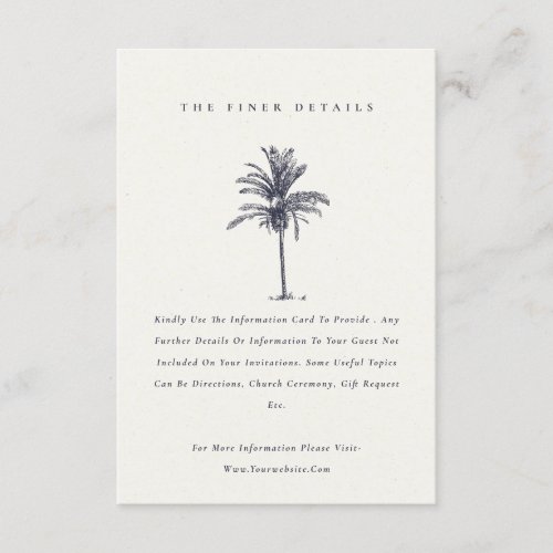Tropical Palm Tree Navy Kraft Wedding Details Enclosure Card