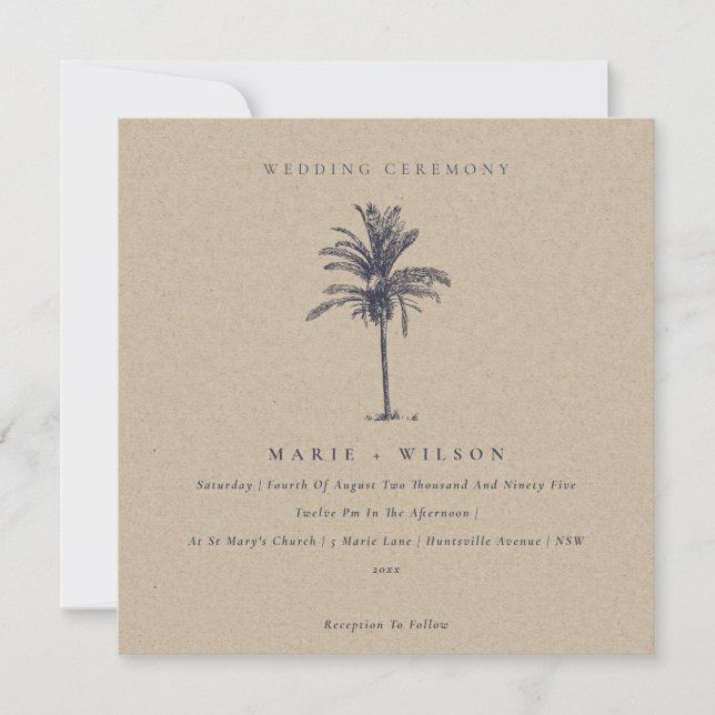 Tropical Palm Tree Navy Kraft Wedding Invite (Front)